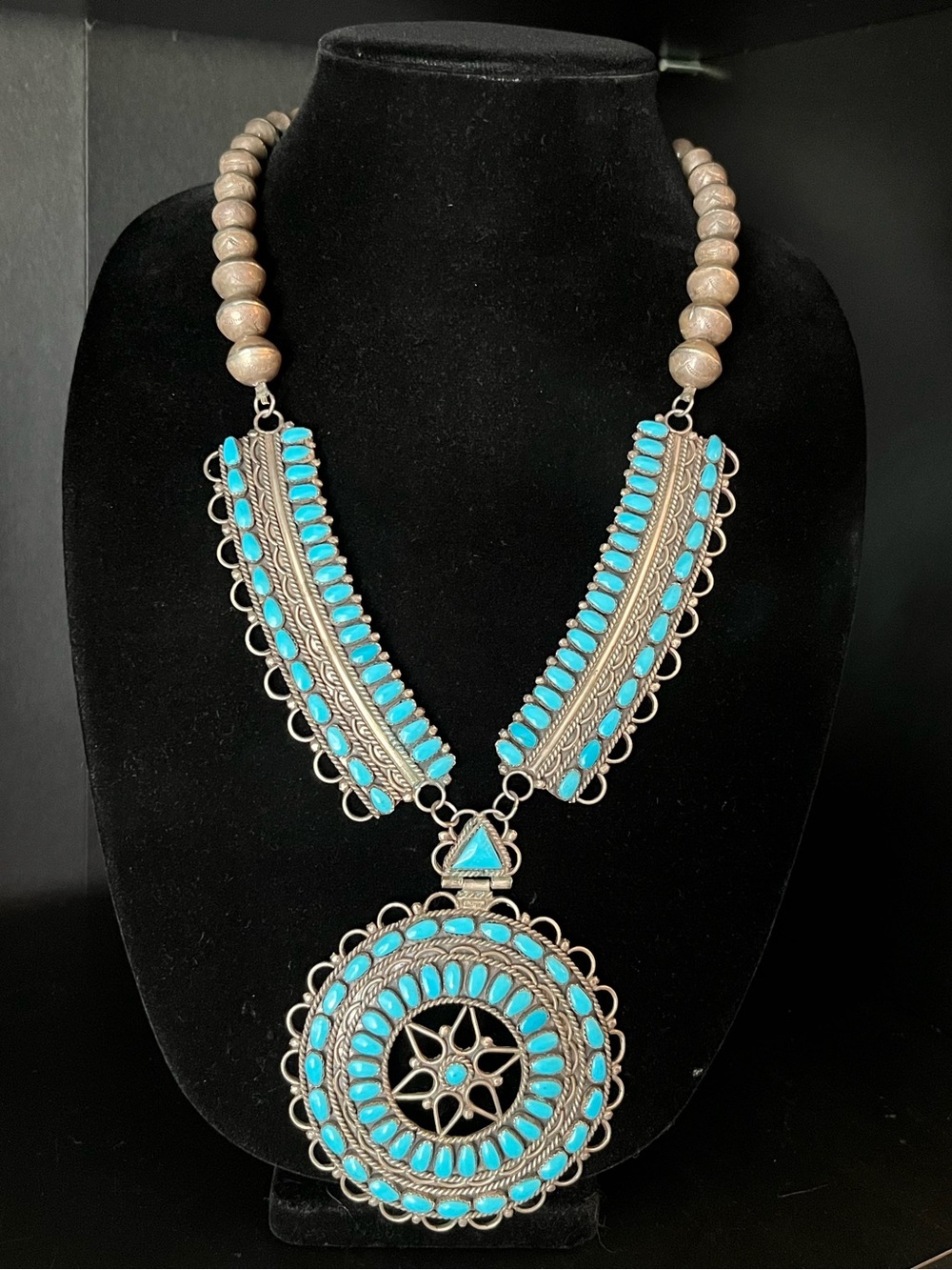 Vintage Sterling Silver and Turquoise Cluster Statement Pendant Necklace